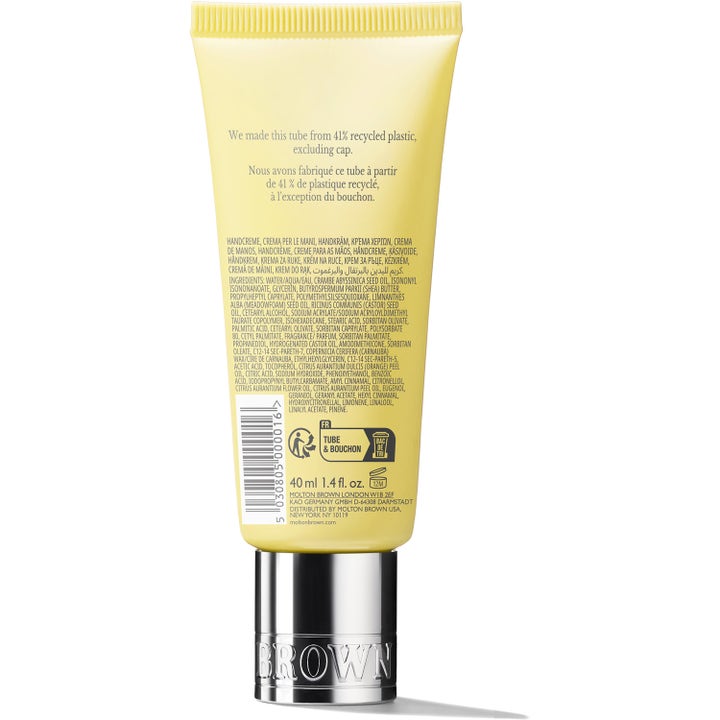 Molton Brown Orange & Bergamot Hand Cream 40 ml pleiende handkrem baksiden av gul tube med ingrediensliste og sølvkork