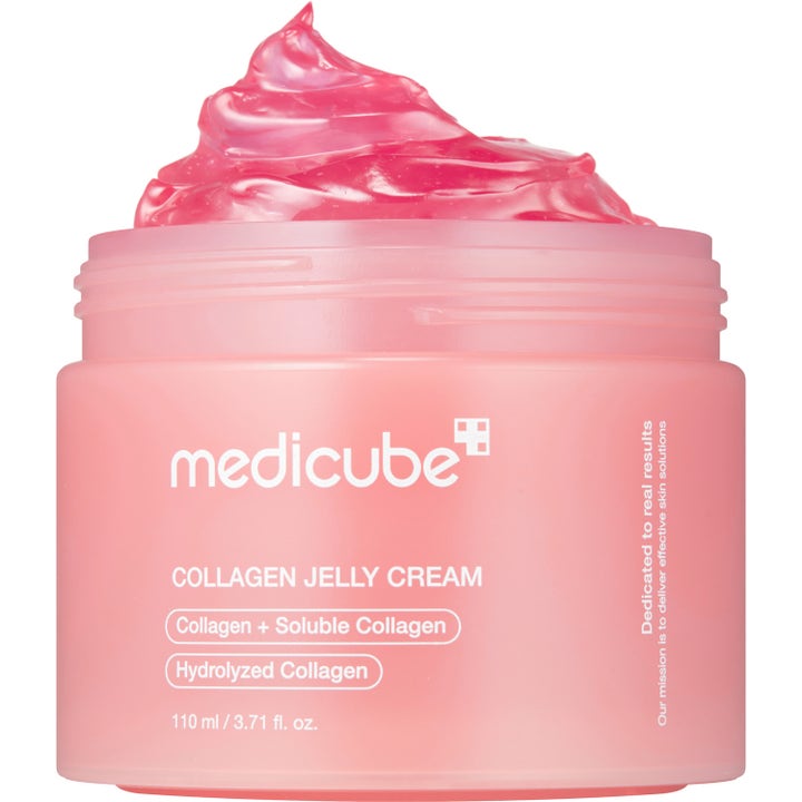 Medicube Collagen Jelly Cream 110 ml fuktighetsgivende ansiktskrem med rosa gelé-tekstur og kollagen i rosa krukke.
