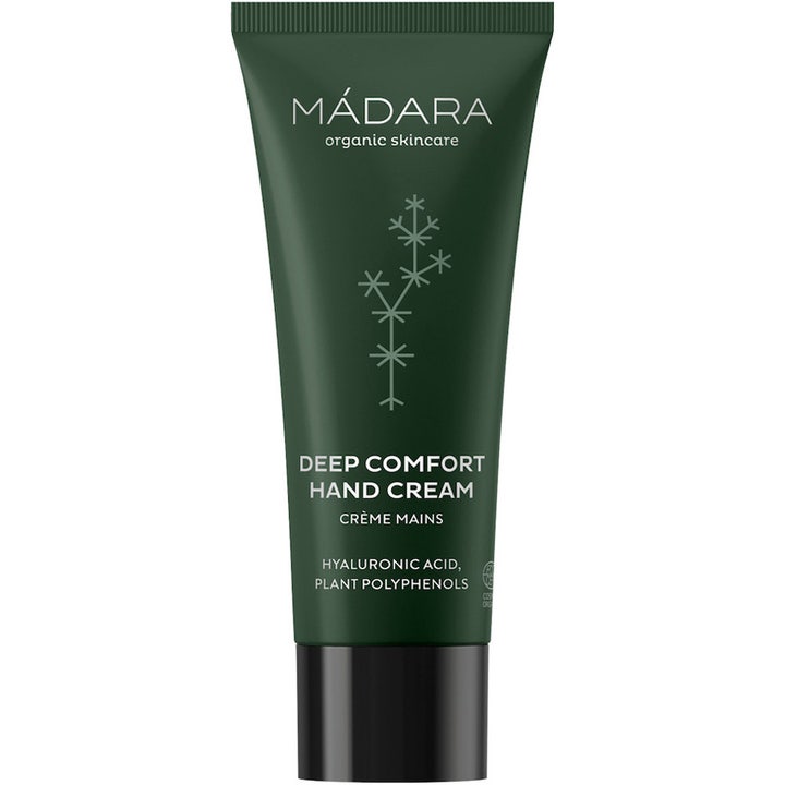 Mádara Deep Comfort Hand Cream fuktighetsgivende håndkrem i mørkegrønn tube med sort kork og planteillustrasjon