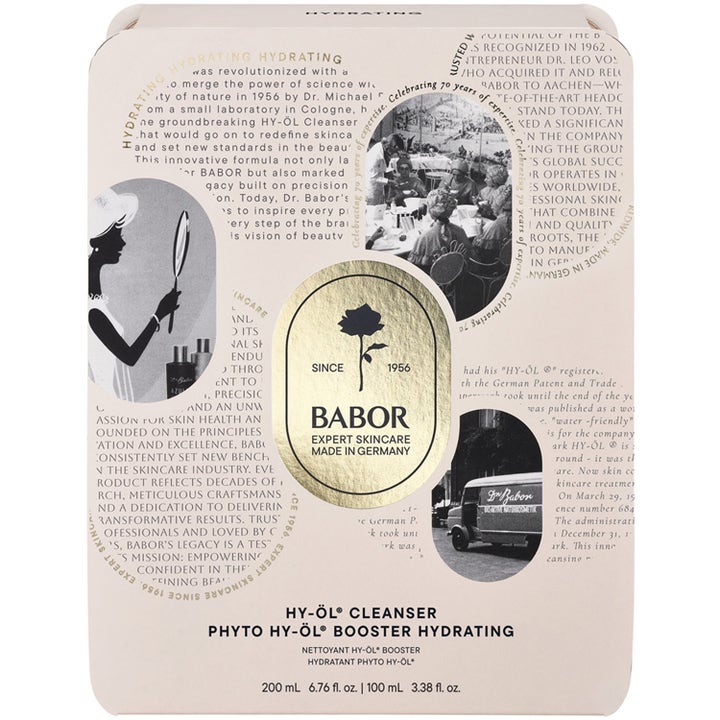 Babor Anniversary Set HY-ÖL & Phyto Hydrating 300 ml rensesett i beige eske med vintage motiv og gullseal