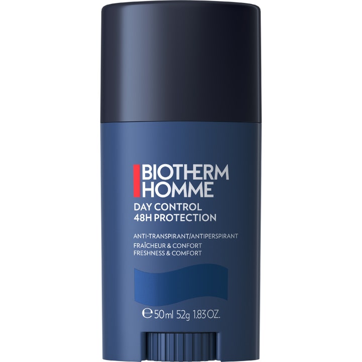 Biotherm Homme Day Control 48H Protection 50ml antiperspirant stick mot svette i en mørkeblå hylse med sort topp.