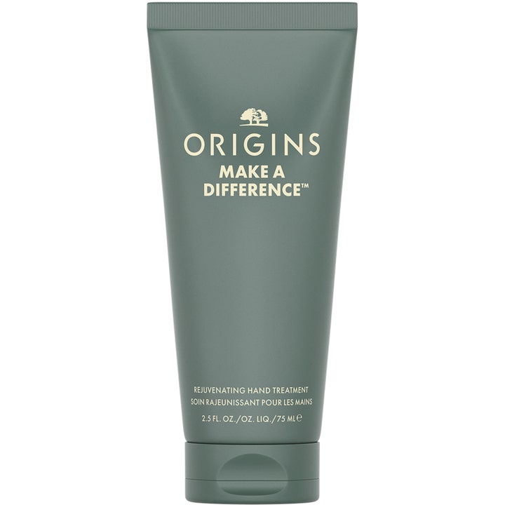 Origins Make A Difference 75 ml foryngende håndkrem i en matt grønn tube som gir fuktighet til hendene.