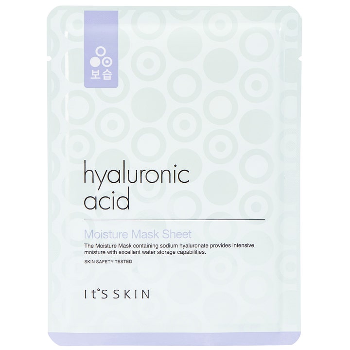 It'S SKIN Hyaluronic Acid Moisture Mask Sheet 1 stk fuktgivende ansiktsmaske i hvit og lyseblå pose med sirkelmønster.