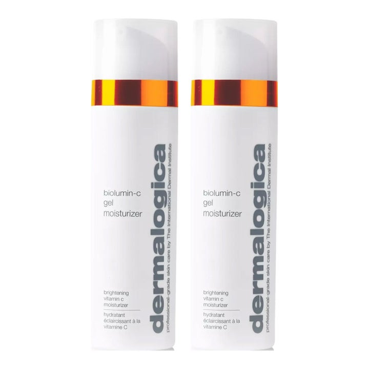 Dermalogica BioLumin-C Gel Moisturizer glødgivende gelkrem med vitamin C i to hvite pumpeflasker med oransje bånd.