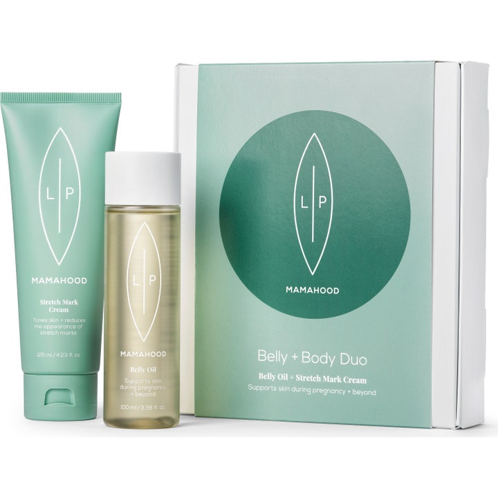 Mamahood Belly + Body Duo 125 ml og 100 ml mot strekkmerker i grønn tube og klar flaske med gyllen olje.