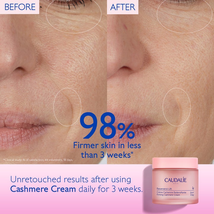 Caudalie Resveratrol-Lift Firming Cashmere Cream 50 ml dagkrem i rosa krukke gir 98 % fastere hud på 3 uker.