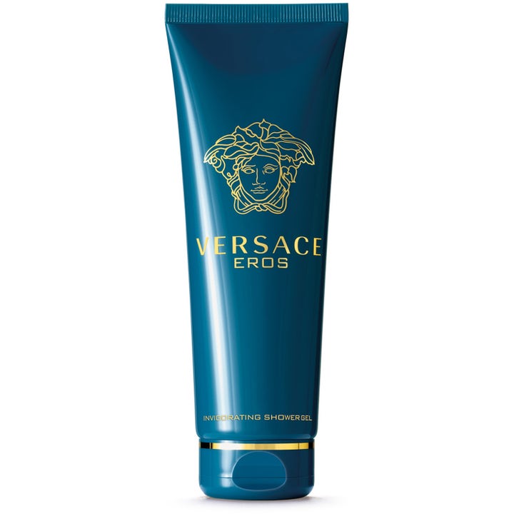 Versace Eros oppfriskende dusjgelé i en dyp turkis tube prydet med ikonisk gullfarget Medusa-logo.