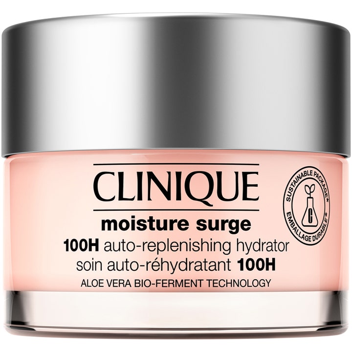 Clinique Moisture Surge 100H fuktighetskrem som gir intens fukt i en glasskrukke med rosa gel og sølvfarget lokk