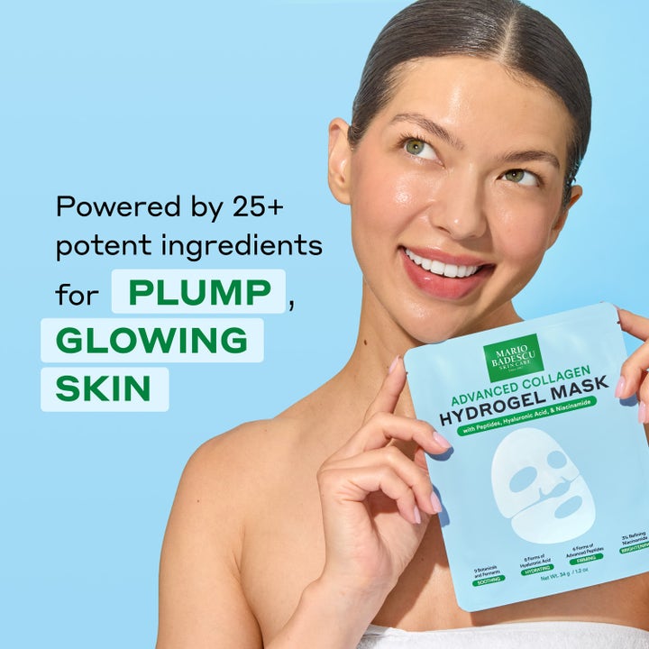 Mario Badescu Advanced Collagen Hydrogel Mask 3 stk ansiktsmaske for glød vist med kvinne som holder pakken