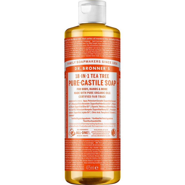 Dr. Bronner's 18-in-1 Tea Tree Pure-Castile Soap 475 ml rensende flytende såpe i plastflaske med oransje etikett.
