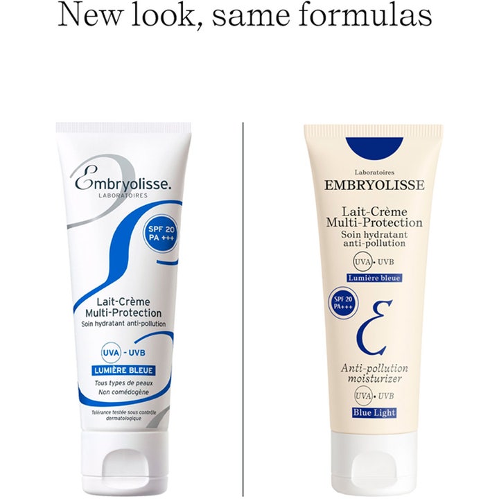 Embryolisse Lait-Crème Multi-Protection SPF20 40 ml dagkrem i ny beige og gammel hvit tube som beskytter mot blått lys