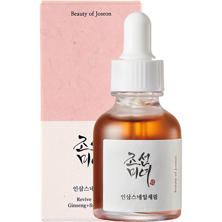 Beauty of Joseon Revive Serum 30 ml med ginseng og snigelslem i glassflaske med hvit pipette og eske