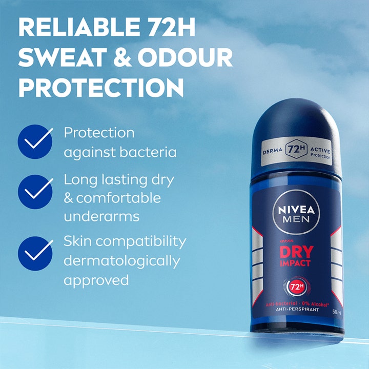 NIVEA MEN Dry Impact Roll-On 50 ml gir 72 timers pålitelig beskyttelse mot svette og bakterier i blå flaske.