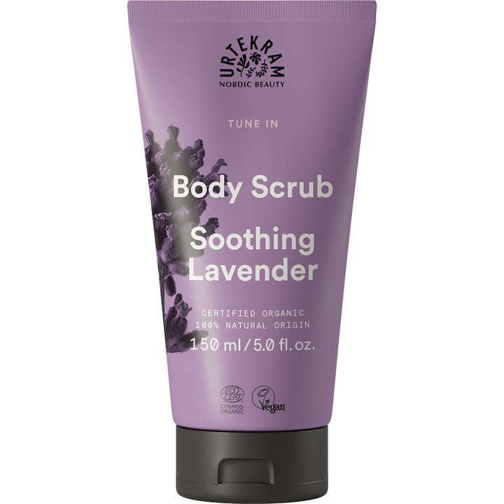 Urtekram Soothing Lavender Body Scrub 150 ml eksfolierende kroppsskrubb i lilla tube med lavendelmotiv