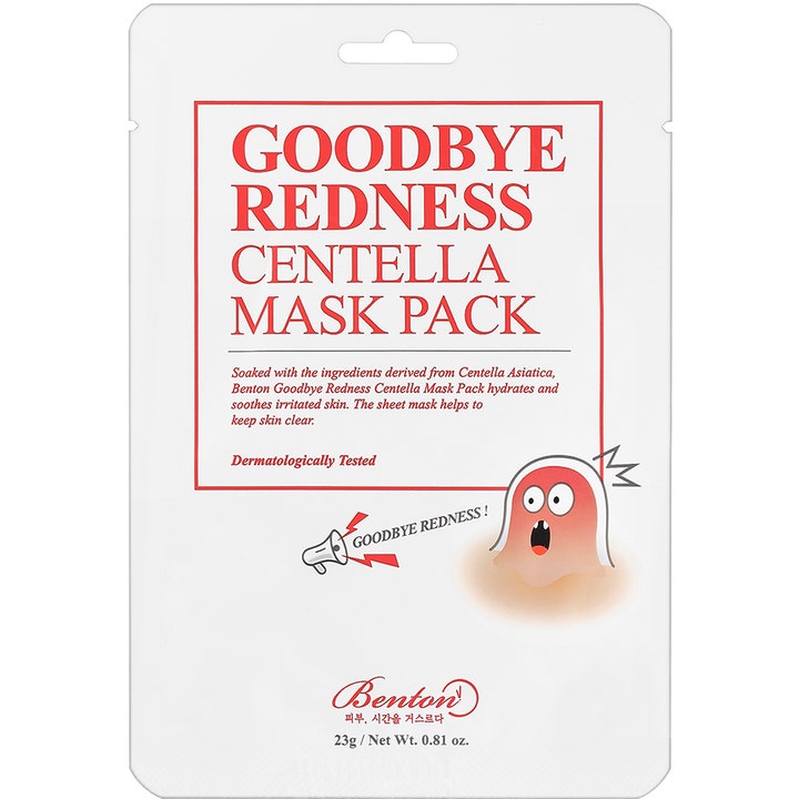 Benton Goodbye Redness Centella Mask Pack 23g beroligende sheetmaske i hvit pakning med rød skrift og tegneseriefigur.