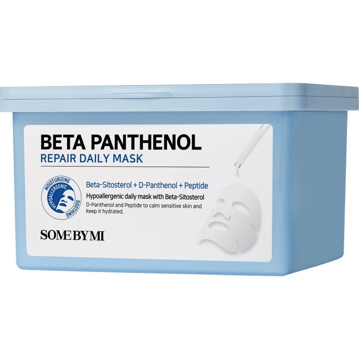 SOME BY MI Beta Panthenol Repair Daily Mask 30 stk beroligende ansiktsmasker i en lyseblå boks med hvit etikett.
