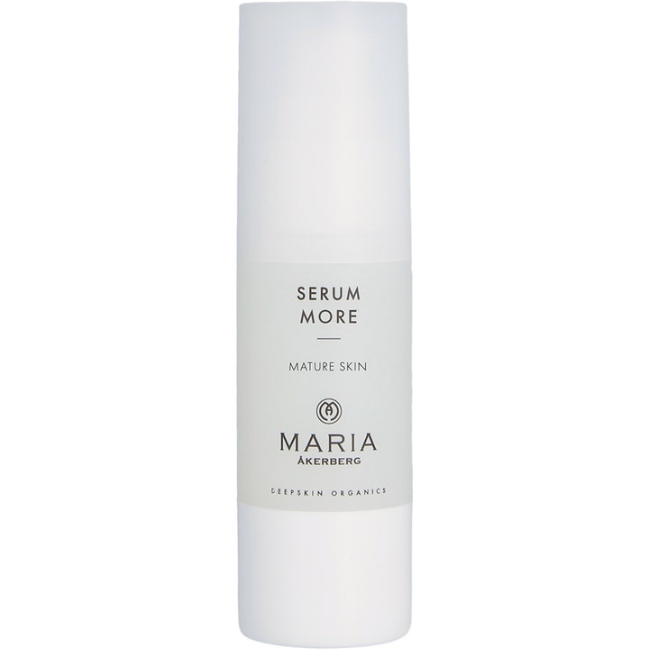 Maria Åkerberg Serum More 30 ml oppstrammende ansiktsserum i en hvit sylindrisk pumpeflaske for moden hud