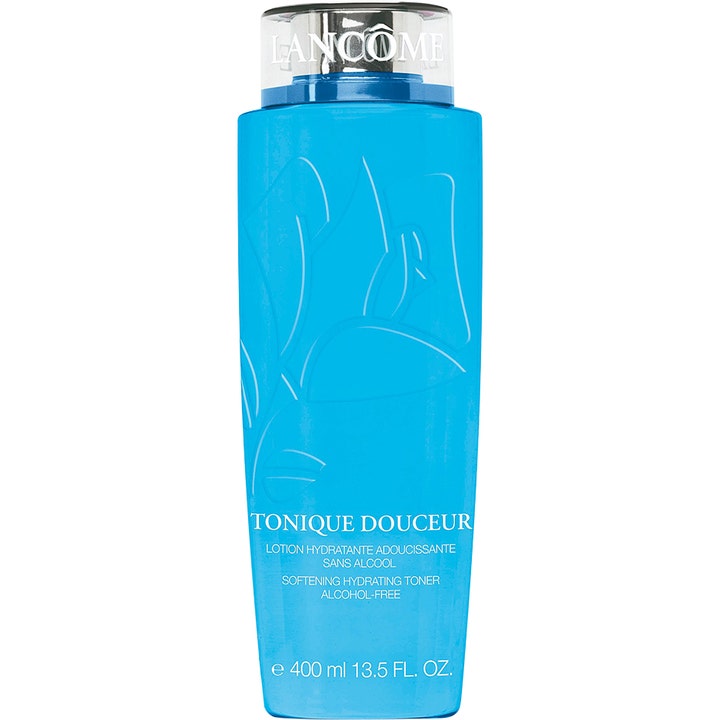 Lancôme Tonique Douceur 400 ml fuktighetsgivende ansiktsvann i en blå flaske med hvit tekst og preget rosemotiv.