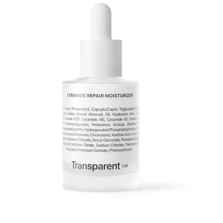 Transparent Lab Ceramide Repair Moisturizer fuktighetskrem som styrker hudbarrieren i hvit flaske med pipette.