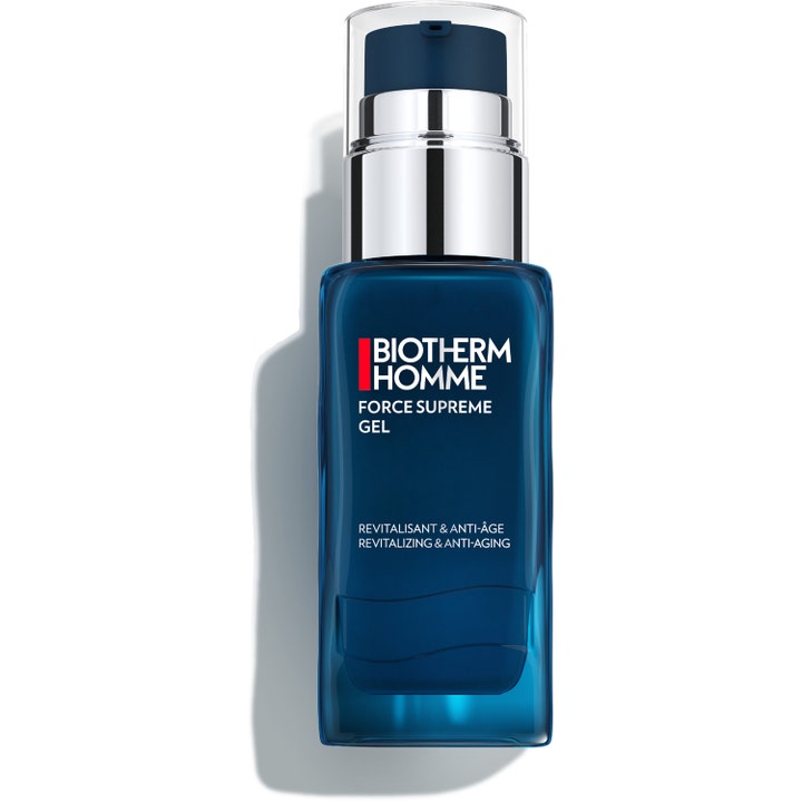 Biotherm Homme Force Supreme Gel 50 ml revitaliserende anti-aging ansiktsgel i blå glassflaske med sølvpumpe og klart lokk