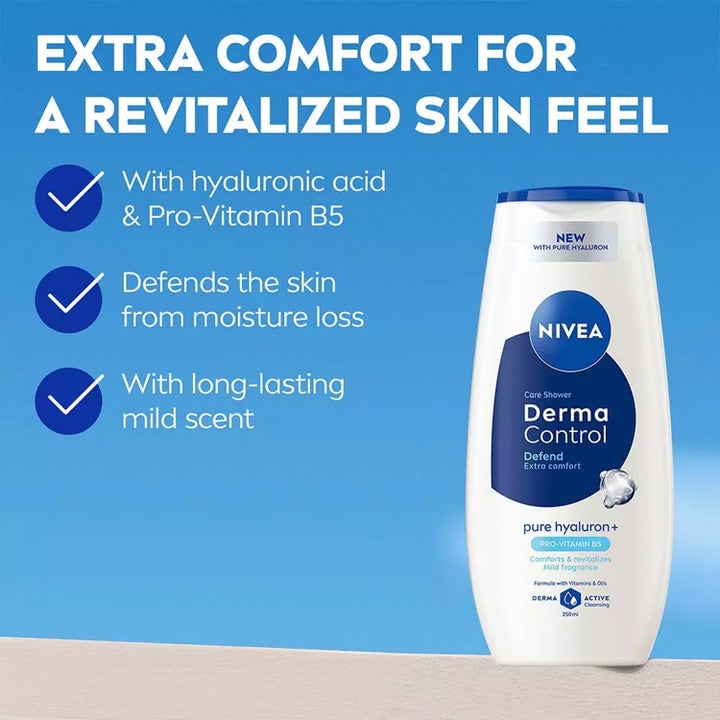 NIVEA Derma Control Defend Shower 250 ml dusjsåpe med hyaluronsyre i hvit flaske som beskytter mot fuktighetstap