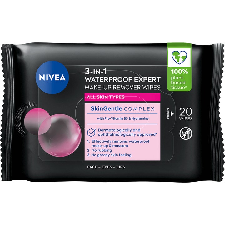 Nivea 3-in-1 Waterproof Expert Make-up Remover Wipes 20 stk fjerner vannfast makeup i svart pakke med rosa bobler.