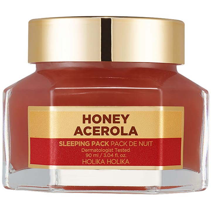 Holika Holika Honey Acerola 90 ml glødende nattmaske i sekskantet glasskrukke med gullok og rød etikett.