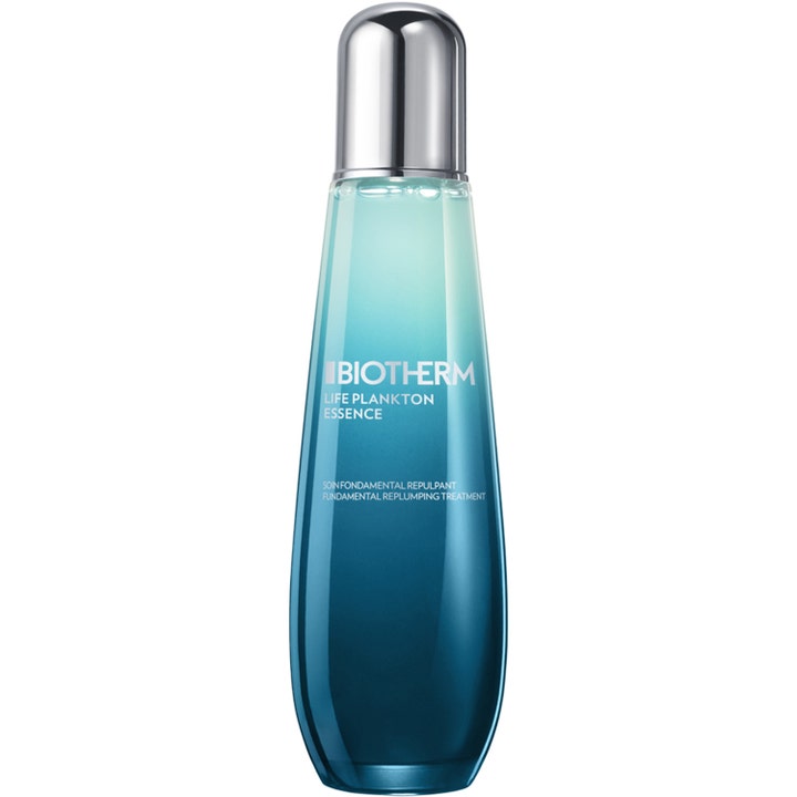 Biotherm Life Plankton Essence 125 ml styrkende ansiktssessens i en blåtonet glassflaske med sølvfarget kork.