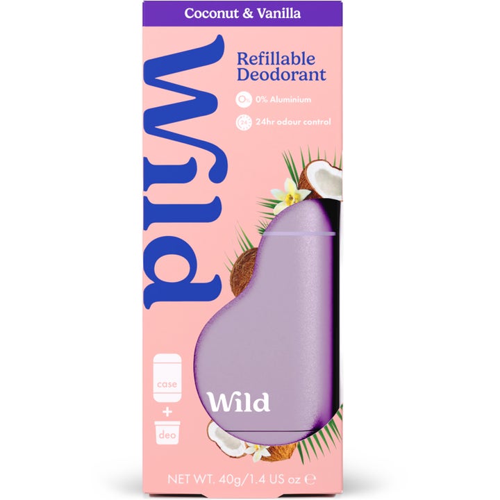 Wild Deo Coconut &amp; Vanilla 40 g deodorant mot lukt i rosa eske med lilla hylse og illustrasjon av kokos