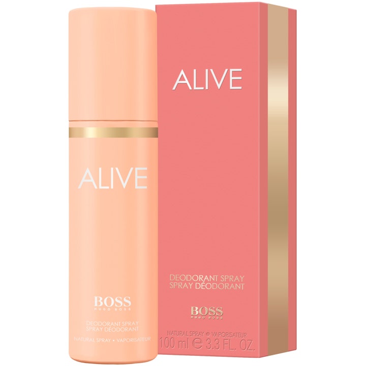 Hugo Boss Alive Deo Spray 100 ml deospray for dame i ferskenfarget flaske med matchende yttereske.