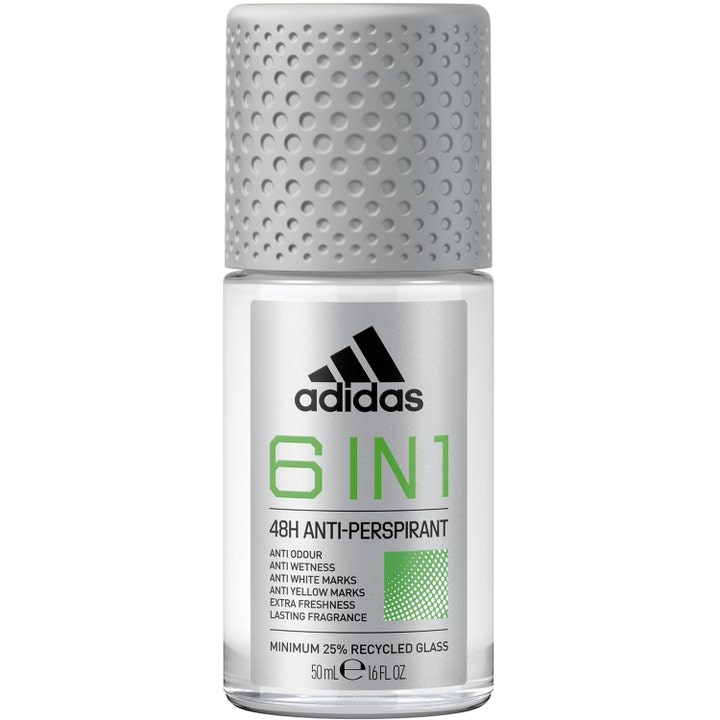 Adidas 6 IN 1 48H Anti-Perspirant 50 ml roll-on deodorant som motvirker svette i glassflaske med grått teksturert lokk.