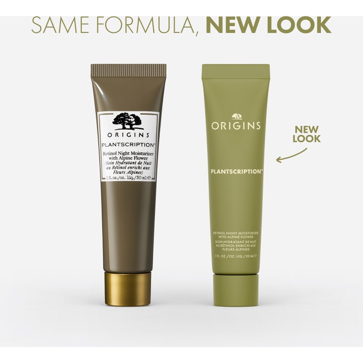 Origins Plantscription Retinol Night Moisturizer 30 ml nattkrem viser gammelt design og nytt utseende i grønn tube.
