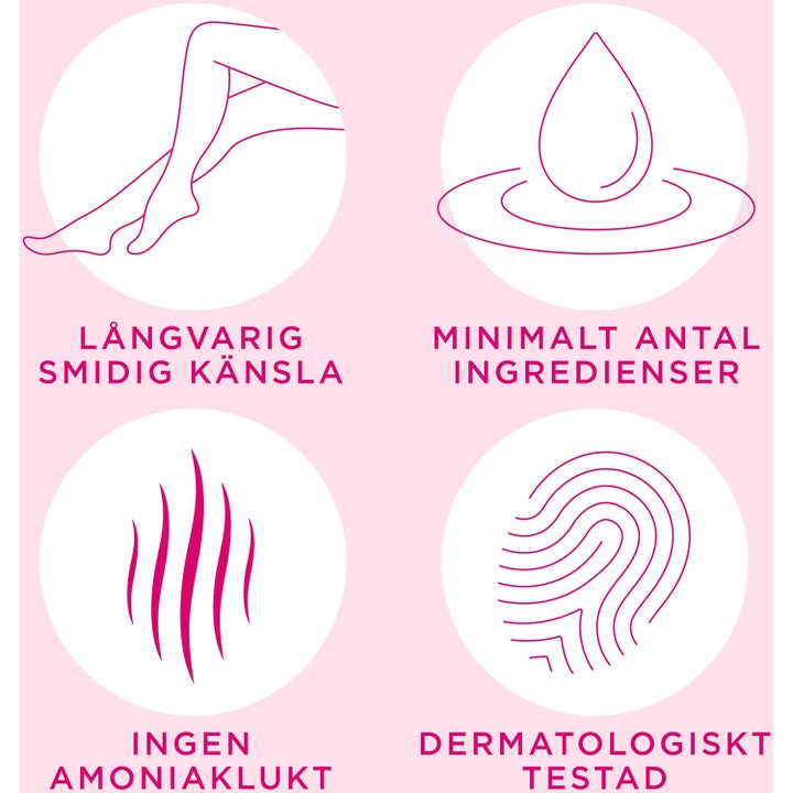 Veet Hair Removal Cream 200 ml viser fordeler som langvarig glatt hud, ingen ammoniakklukt og dermatologisk testet formel