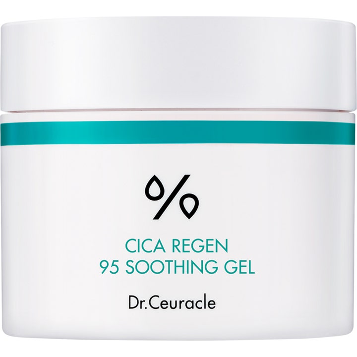 Dr. Ceuracle Cica Regen 95 Soothing Gel 110g beroligende ansiktsgel i hvit krukke med turkis stripe og hvitt lokk