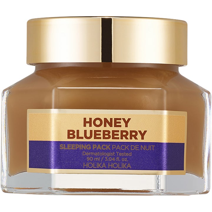 Holika Holika Honey Blueberry Sleeping Pack 90 ml nærende nattmaske i glasskrukke med gullfarget lokk.