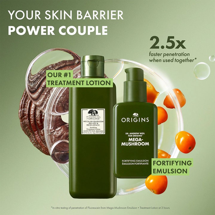 Origins Mega-Mushroom Relief & Resilience Soothing Treatment Lotion 200 ml og emulsion i mørkegrønne flasker