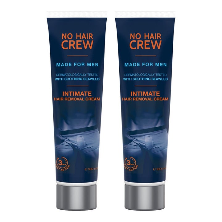 No Hair Crew Intimate Hair Removal Cream 100 ml hårfjerningskrem for menn i to mørkeblå tuber med sølvfarget kork.