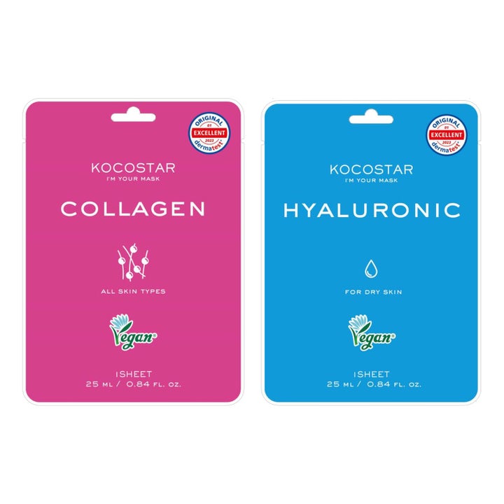 Kocostar Collagen og Hyaluronic 25 ml ansiktsmasker i rosa og blå innpakning som gir fuktighet og spenst til huden