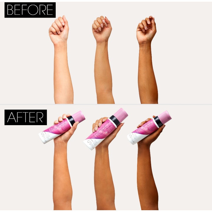 St.Tropez Self Tan Berry Sorbet Bronzing Mousse 200 ml selvbruning gir naturlig glød vist med før og etter resultat.