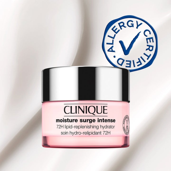 Clinique Moisture Surge Intense 80 ml fuktighetskrem i rosa krukke med sølvlokk og Allergy Certified-segl.