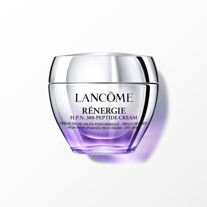 Lancôme Rénergie H.P.N. 300-Peptide Cream rik ansiktskrem i sølvfarget krukke med lilla bunn som pleier og fornyer tørr hud.