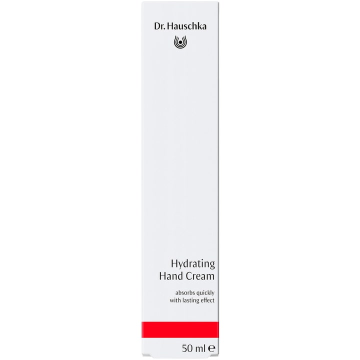 Dr. Hauschka Hand Cream 50 ml fuktighetsgivende håndkrem i hvit eske med rød stripe nederst