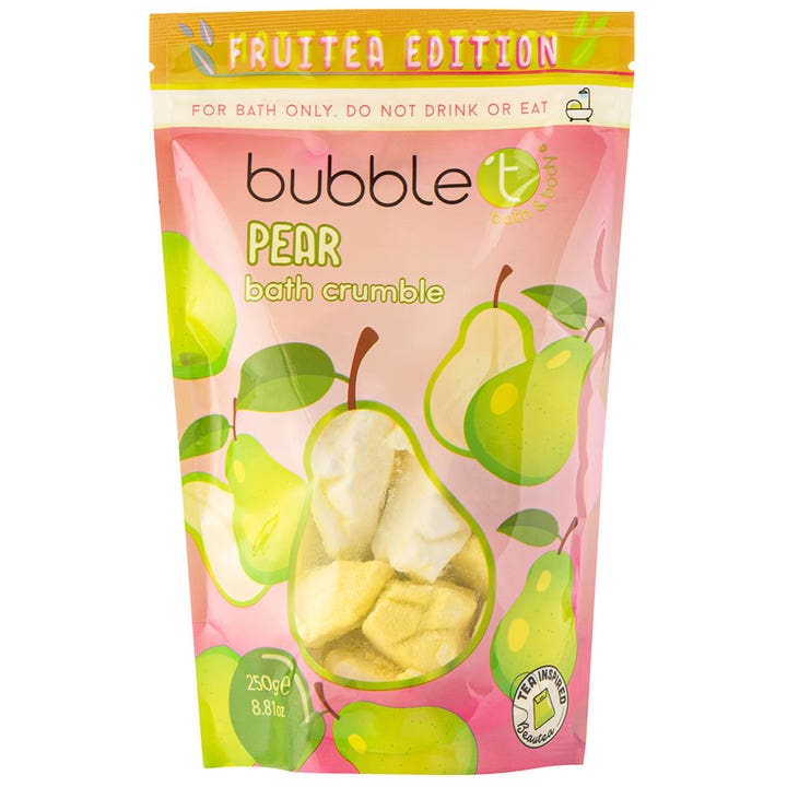 Bubble T Pear Bath Crumble 250g badesalt i rosa pose med pæreillustrasjoner og et gjennomsiktig pæreformet vindu