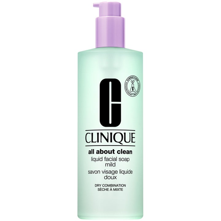 Clinique All About Clean Liquid Facial Soap Mild ansiktsrens for tørr kombinasjonshud i lysegrønn flaske med lilla pumpe