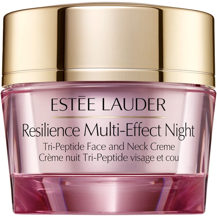 Estée Lauder Resilience Multi-Effect Night nattkrem med tri-peptider i en rosa glasskrukke med et glansfullt gullokk.