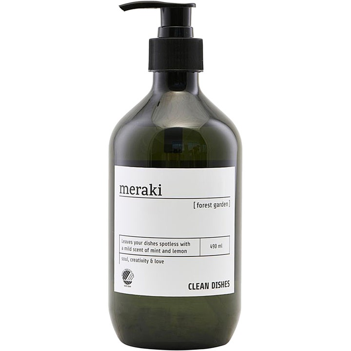Meraki Forest Garden 490 ml oppvaskmiddel gir skinnende ren oppvask i en mørkegrønn flaske med svart pumpe