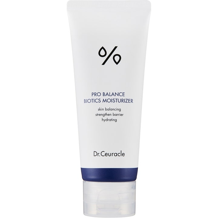 Dr. Ceuracle Pro Balance Biotics Moisturizer 100 ml styrkende ansiktskrem i hvit plasttube med blått bånd og klar kork