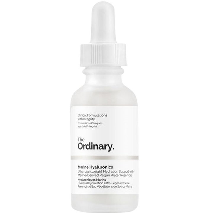 The Ordinary Marine Hyaluronics 30ml fuktighetsgivende ansiktsserum i frostet glassflaske med hvit pipette.