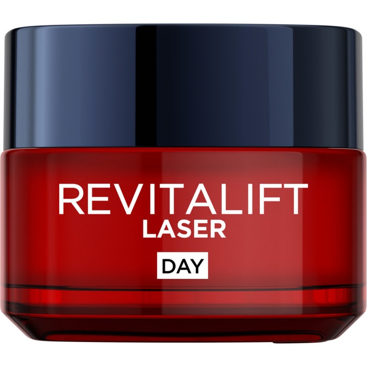 L'Oréal Paris Revitalift Laser Day 50 ml anti-age dagkrem som reduserer rynker i en rød glasskrukke med mørkt lokk