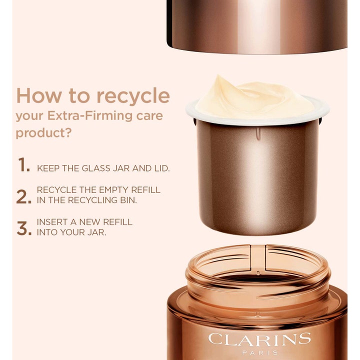 Clarins Extra-Firming Jour 50 ml dagkrem med instruksjoner for påfyllbar glasskrukke og bronsefarget refill.